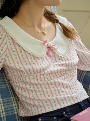 DoubleLayered Mesh Panel Details ??Final Sale??Nori Cute Doll Collar Floral Bow Stripe Blouse