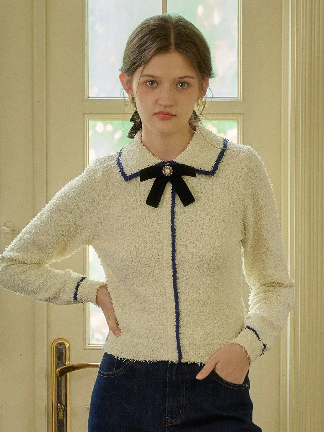 ??Final Sale??Paige V-Neck Contrasting Trim Bow Sweater Multi Pocket Functional Design FlexibleRibbedTrims