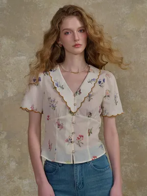 ??Final Sale??Raven V-Neck Floral 100% Cotton Blouse Breathable Underarm Gussets MultiPocket Design