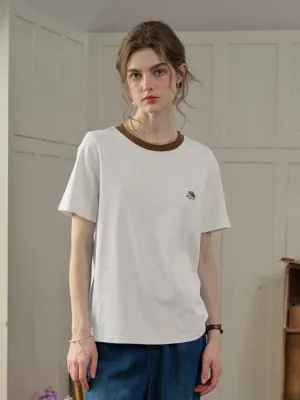 ??Final Sale??Reya Simple Round Neck Contrasting Embroidery Cotton Top - White Ventilated Panels Flattering Drape