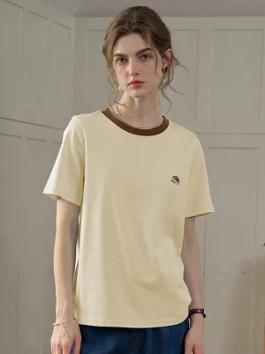 AllDay Comfort Design ??Final Sale??Reya Simple Round Neck Contrasting Embroidery Cotton Top - Yellow
