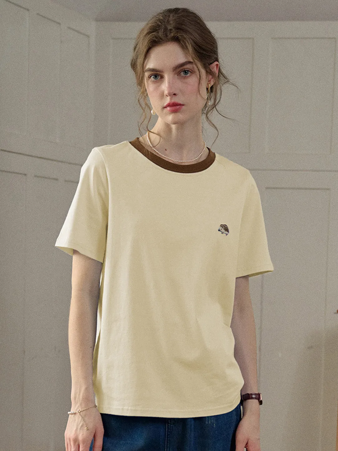 Snag Resistant Fabric StaticResistant Material ??Final Sale??Reya Simple Round Neck Contrasting Embroidery Cotton Top - Yellow