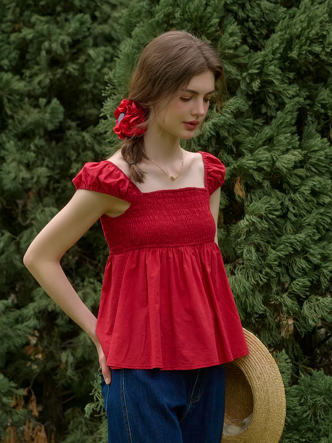 Adjustable Hemline WrinkleResistant ??Final Sale??Riley?Square?Neck?100%?Cotton?Blouse