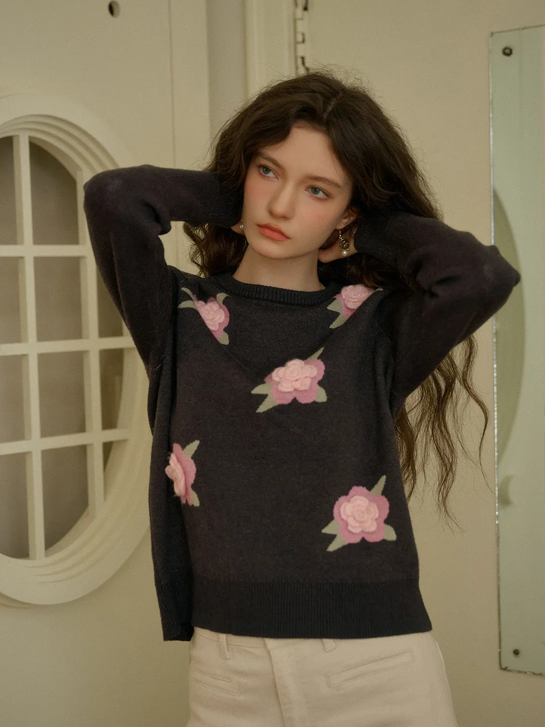 Active Look ??Final Sale??Sarahi Embroidery Round Neck Hollow 3D Flower Knitted Wool Sweater