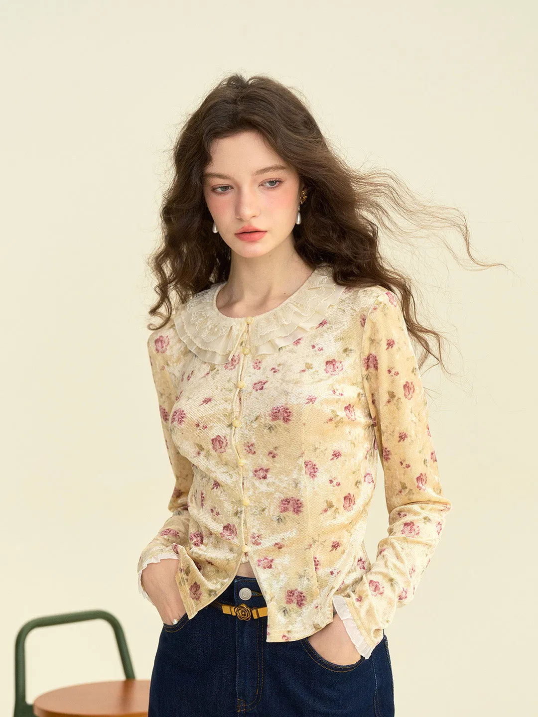 Layered Shoulder ??Final Sale??Savannah Round Neck Lace Collar Floral Blouse