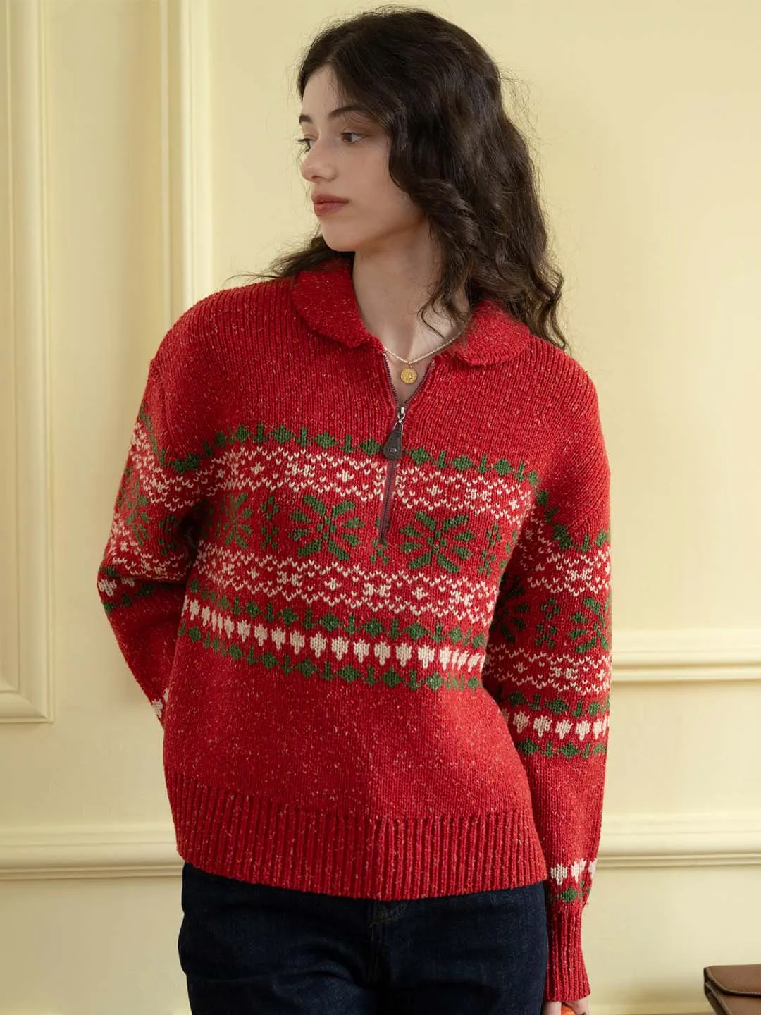 Double Chest Pocket Breathable Knit Fabric ??Final Sale??Skylar Geo Pattern Half Zip Drop Shoulder Sweater