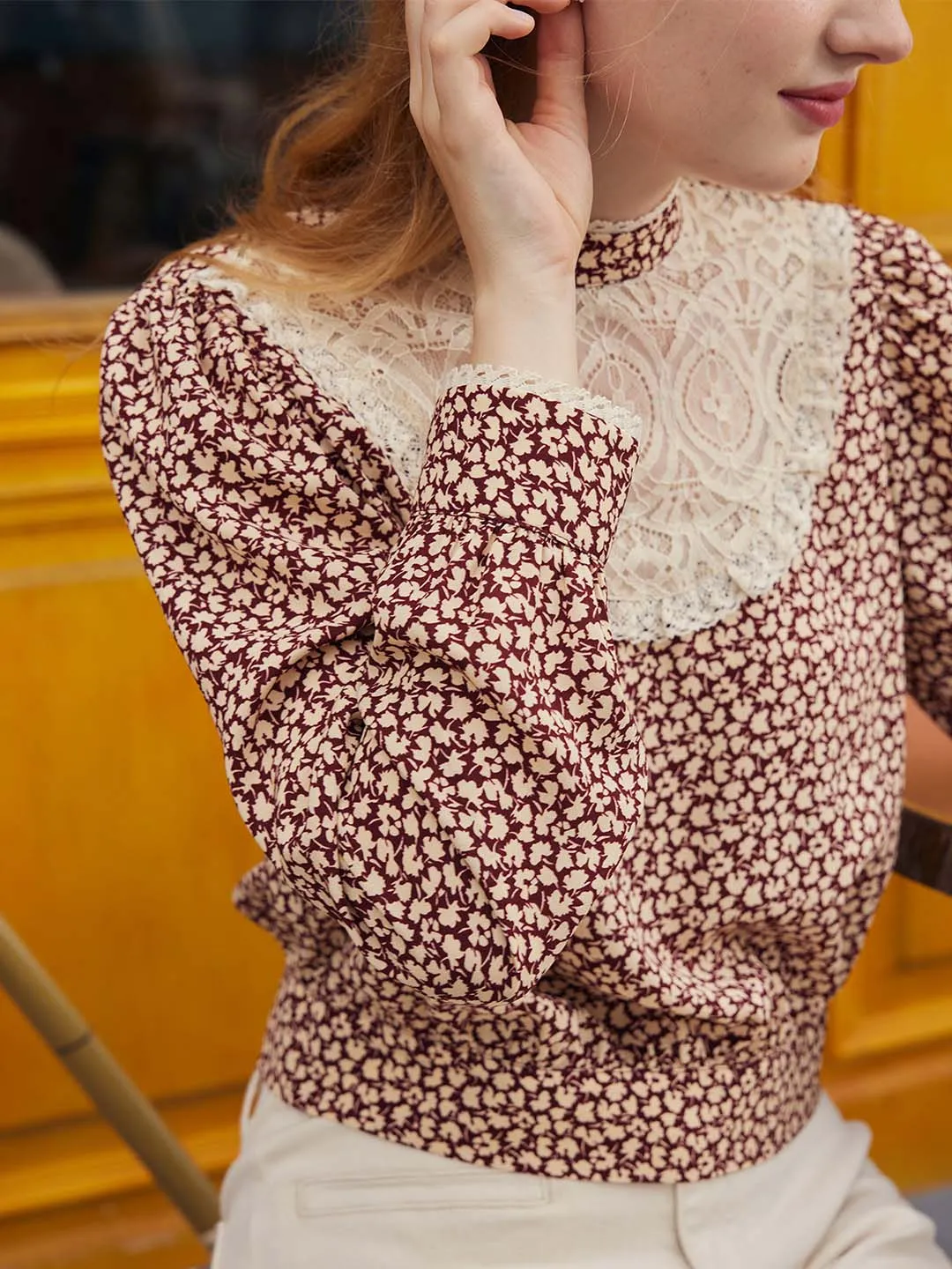 ??Final Sale??Sofia Maple Leaf Print Lantern Sleeve Lace Contrast Blouse WrinkleResistant Fabric