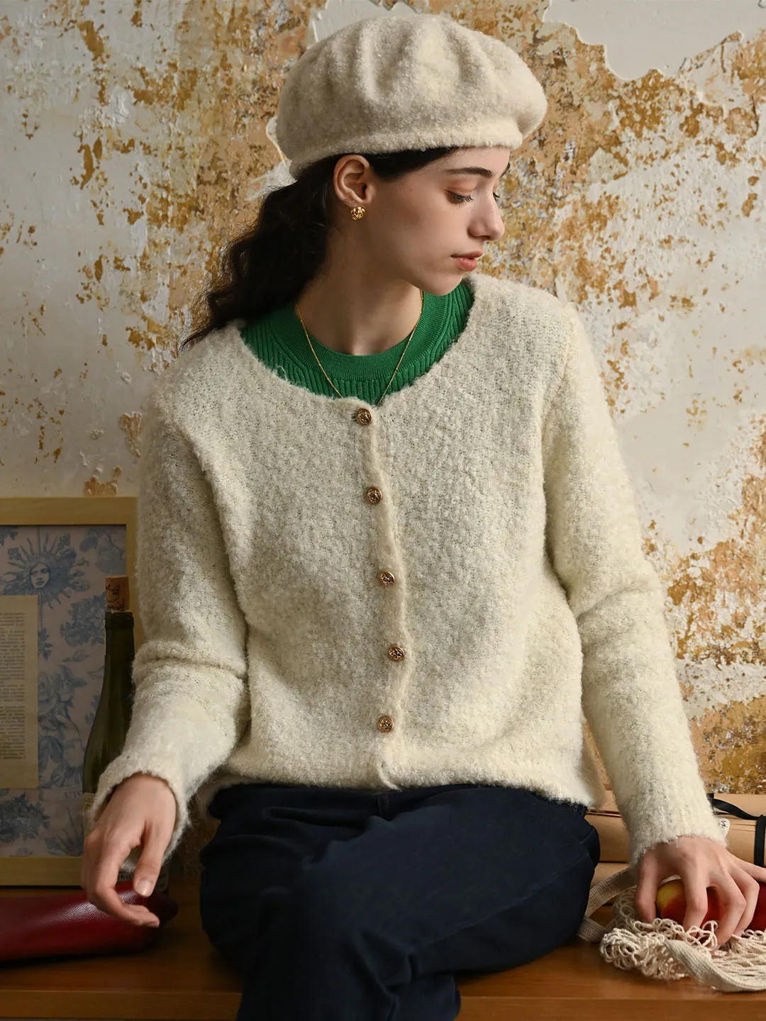 ??Final Sale??Stella Crew Neck Solid Button Front Cardigan Office Look Layered Collar System
