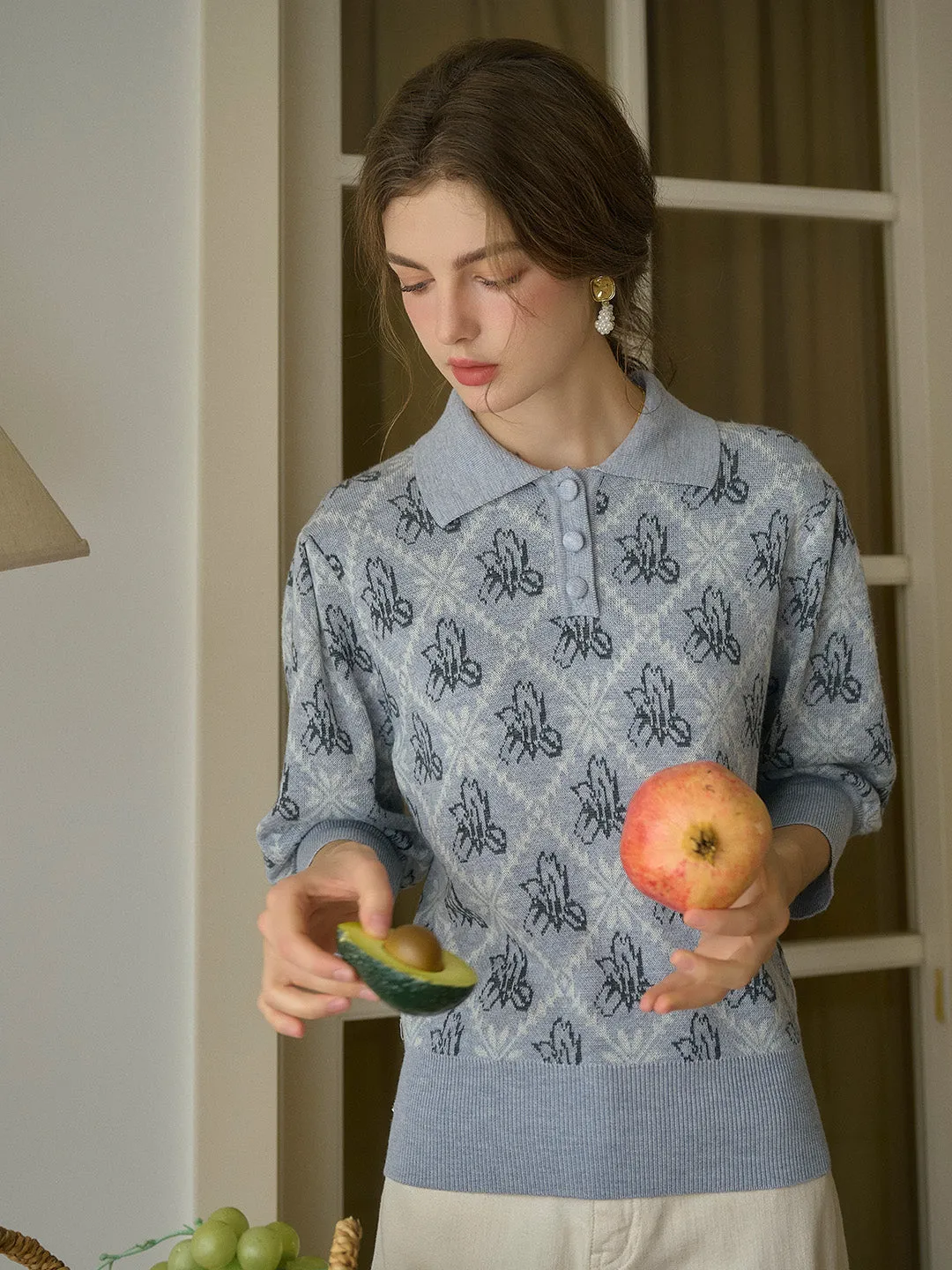 ??Final Sale??Tamsin Polo Collar Floral Knit Wool Top - Gray Layered Collar