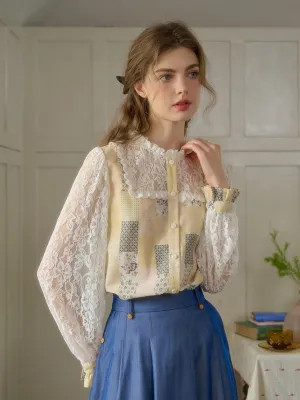 FlexibleCollar ??Final Sale??Vivienne Lace Collar Patchwork Blouse - Yellow