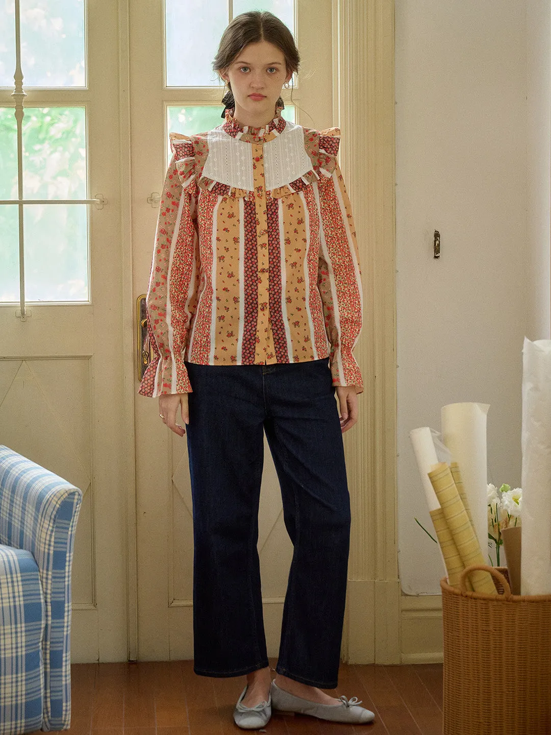 BreathableBack Non Slip Shoulder Seams ??Final Sale??Wren Stand Collar Floral Patchwork Shirt