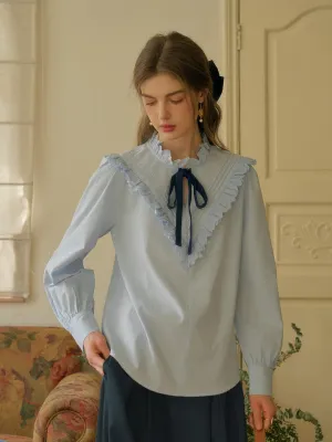 AllDaySoftness ??Final Sale??Yareli Vintage Lace Panel Contrasting Lace-up Round Neck Blouse - Blue