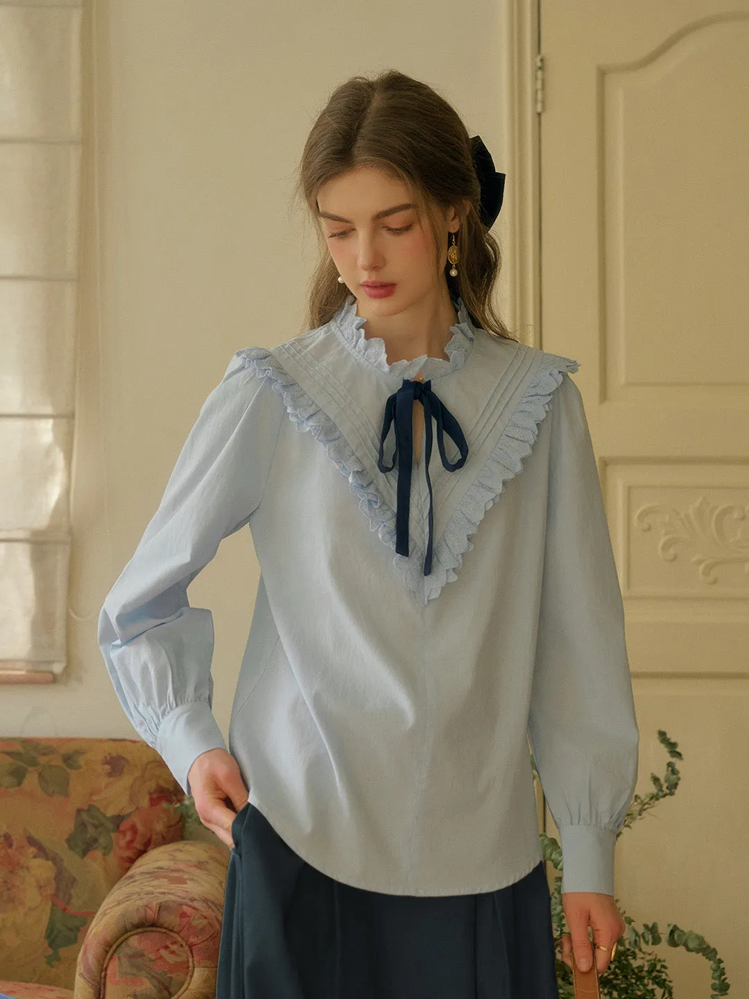 ??Final Sale??Yareli Vintage Lace Panel Contrasting Lace-up Round Neck Blouse - Blue MoistureWickingMaterial Lightweight