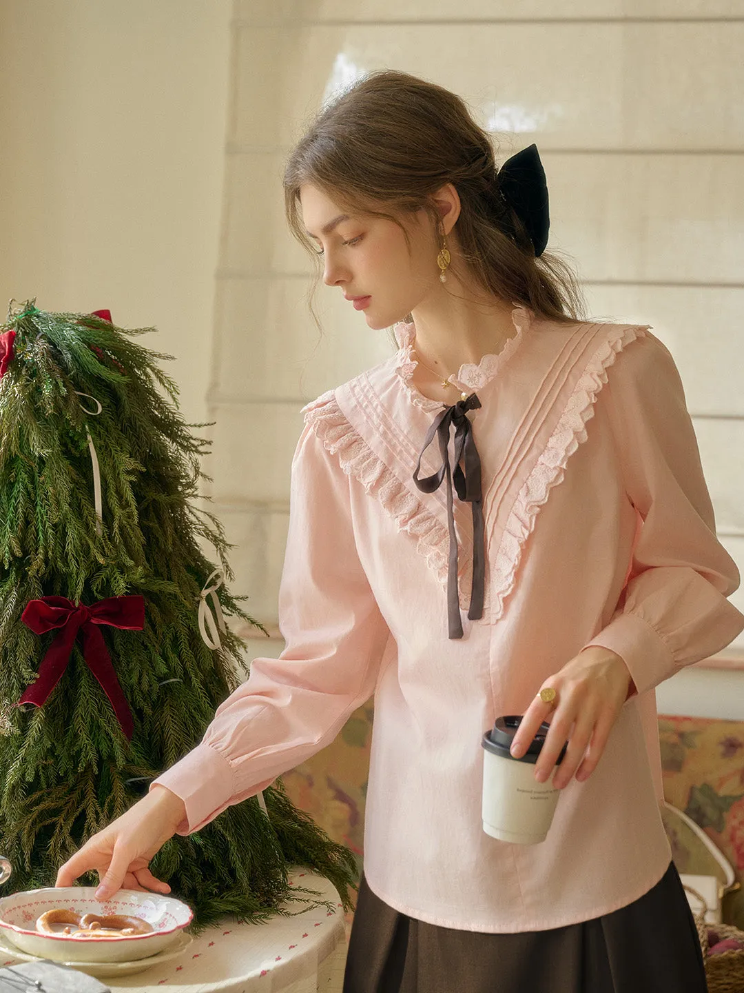 UPF Protective Fabric ??Final Sale??Yareli Vintage Lace Panel Contrasting Lace-up Round Neck Blouse - Pink