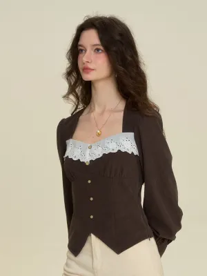 StretchComfort ??Final Sale??Zainab French Style Contrasting Lace Lapel Long Sleeve Blouse