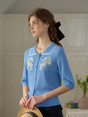 ??Final Sale??Zoe Wavy Collar Embroidery Knit Blouse Reflective Accent Stripes RawEdgedDesign