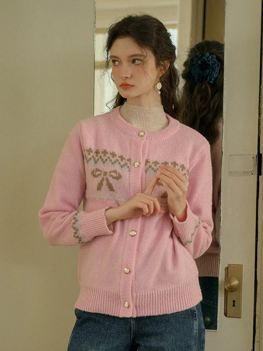 ??Final Sale??Zoey Round Neck Bow Patter Sweater BondedEdges SlimFit