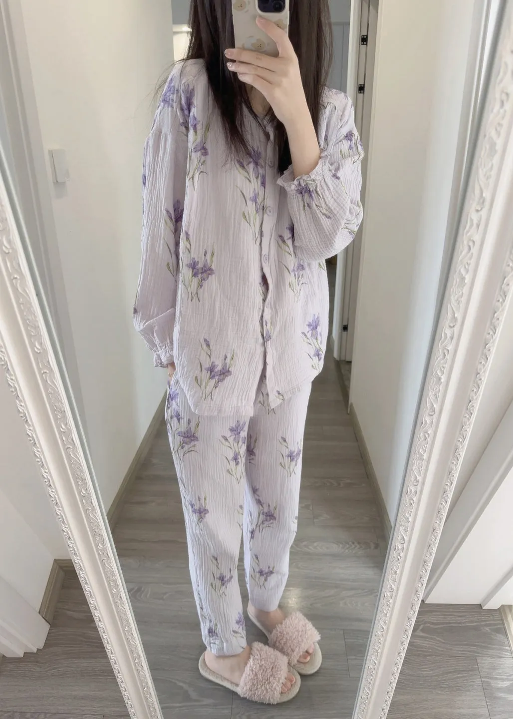Fine Purple Print Button Pajamas Two Pieces Set Spring TO1005