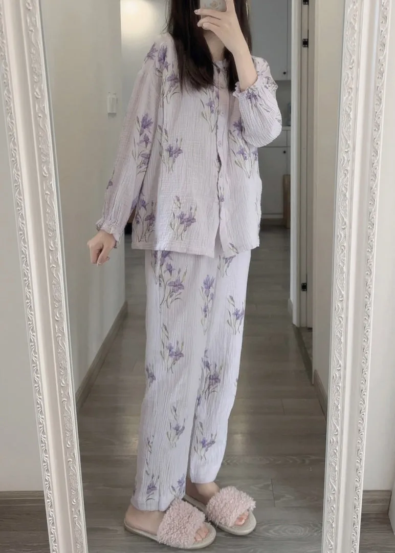 Fine Purple Print Button Pajamas Two Pieces Set Spring TO1005
