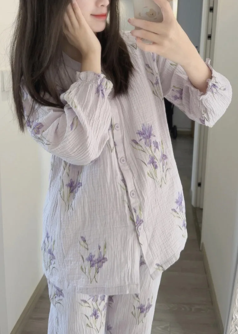 Fine Purple Print Button Pajamas Two Pieces Set Spring TO1005