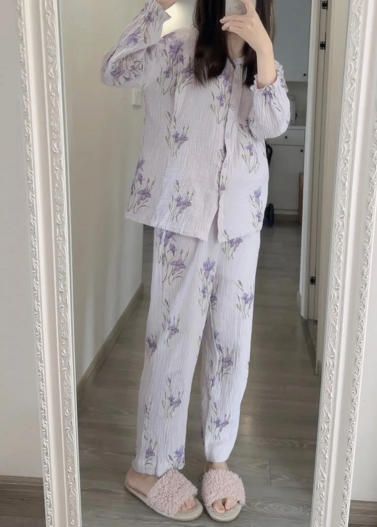 Fine Purple Print Button Pajamas Two Pieces Set Spring TO1005