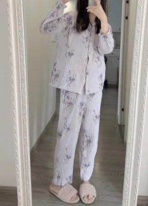 Fine Purple Print Button Pajamas Two Pieces Set Spring TO1005