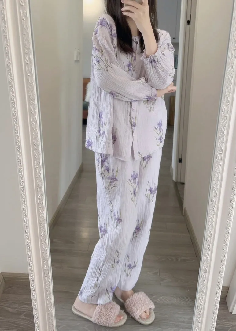 Fine Purple Print Button Pajamas Two Pieces Set Spring TO1005
