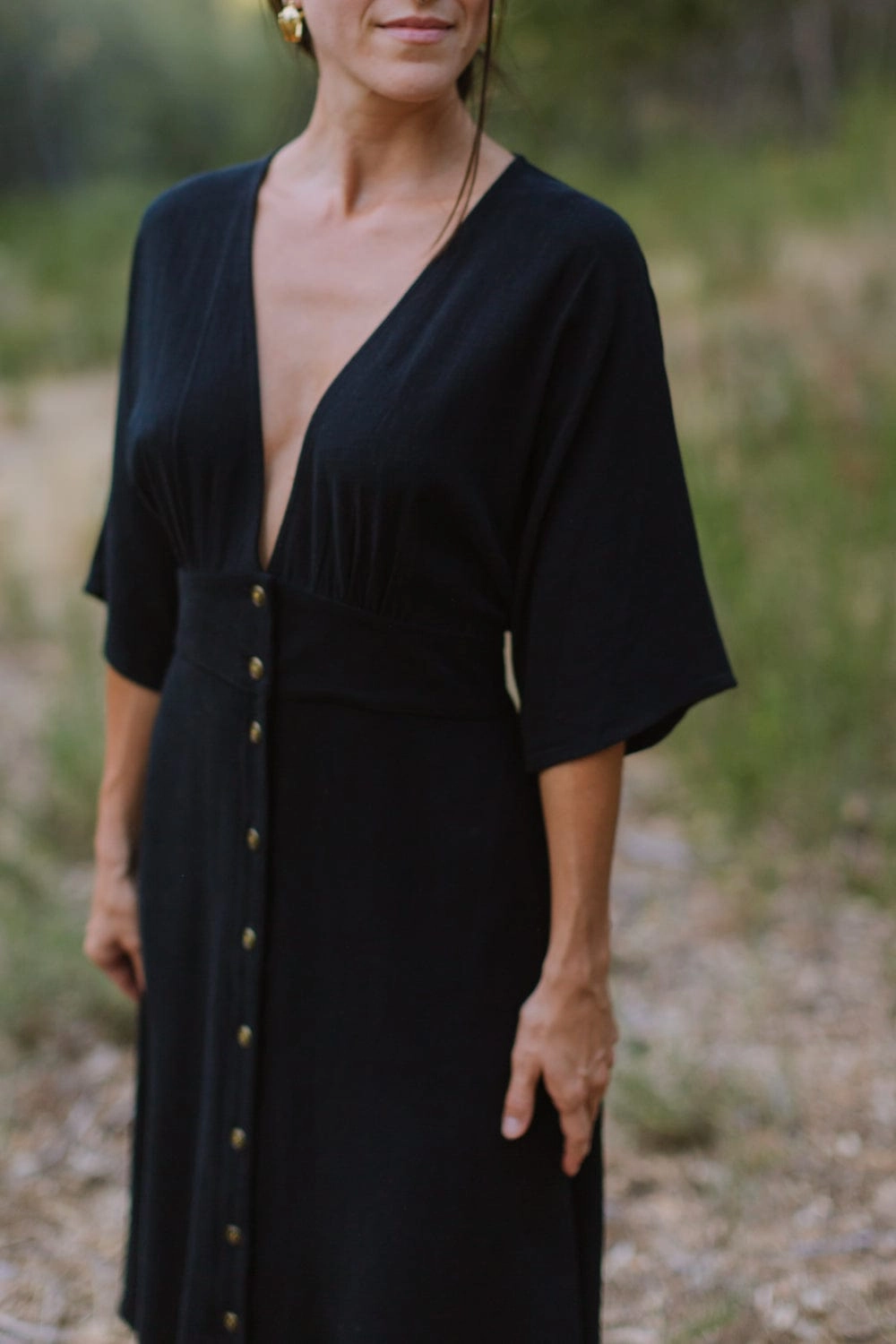 Finley Dress in Black Linen Empire-Waist Farm Scene