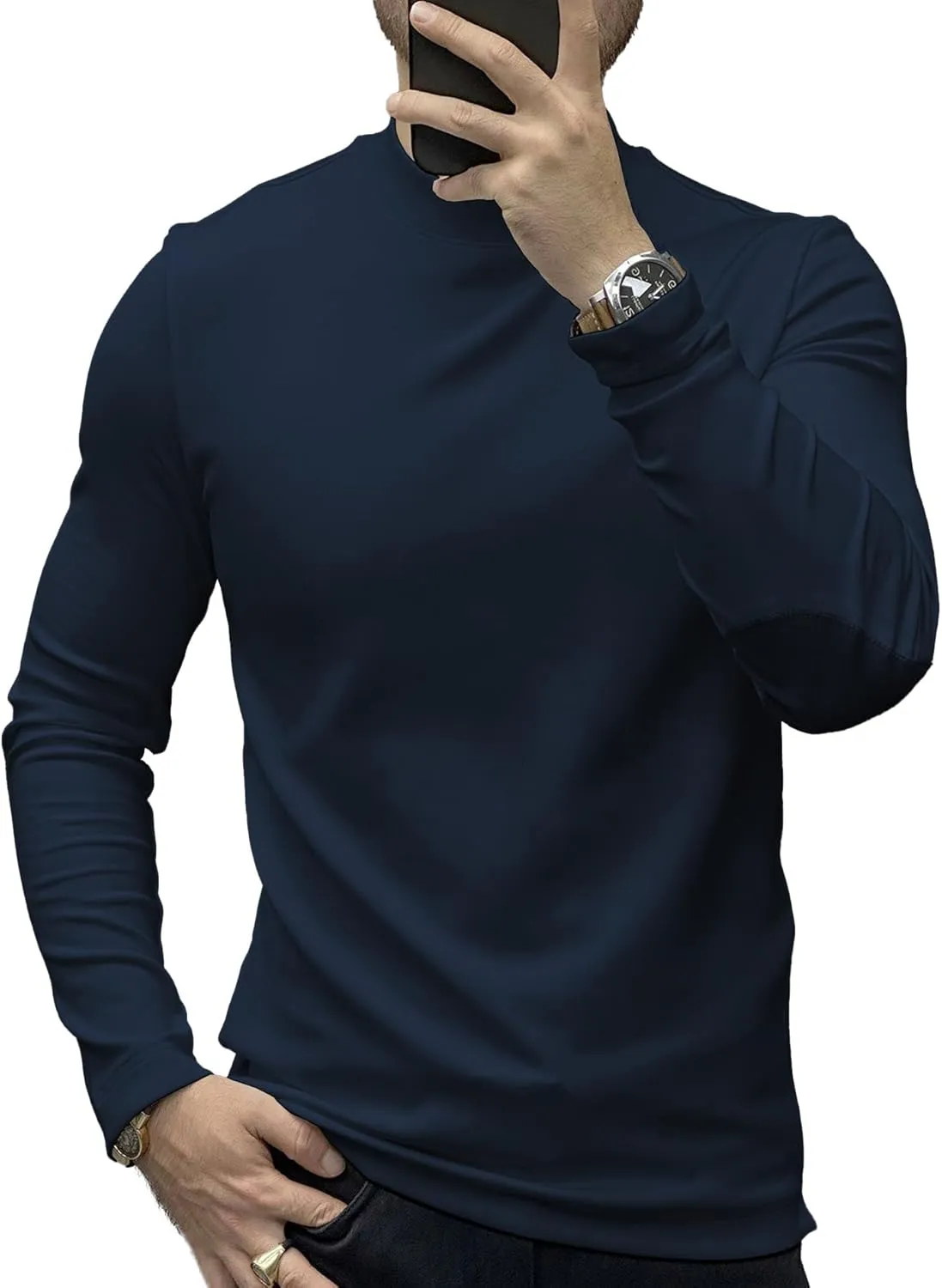 Fioboc Shirts for Men Modal Blend Elbow Patch Long Sleeve Tee Top T-Shirt S-4XL
