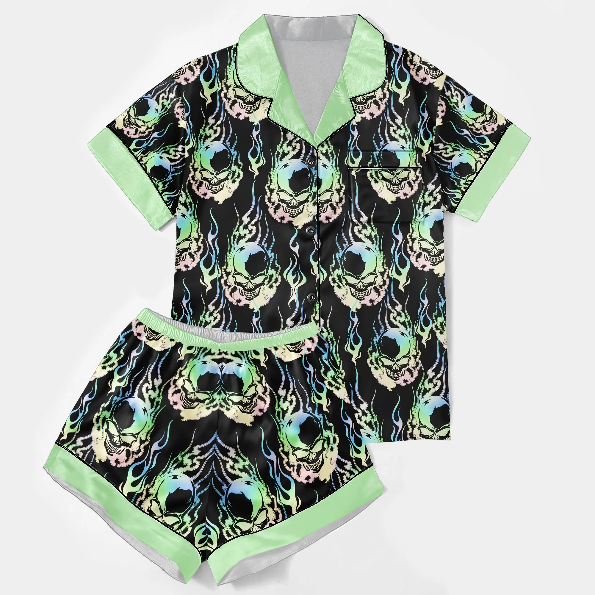 Fire 3D Skull Women's Pajama Sets Top Sleeve & Short Bottom