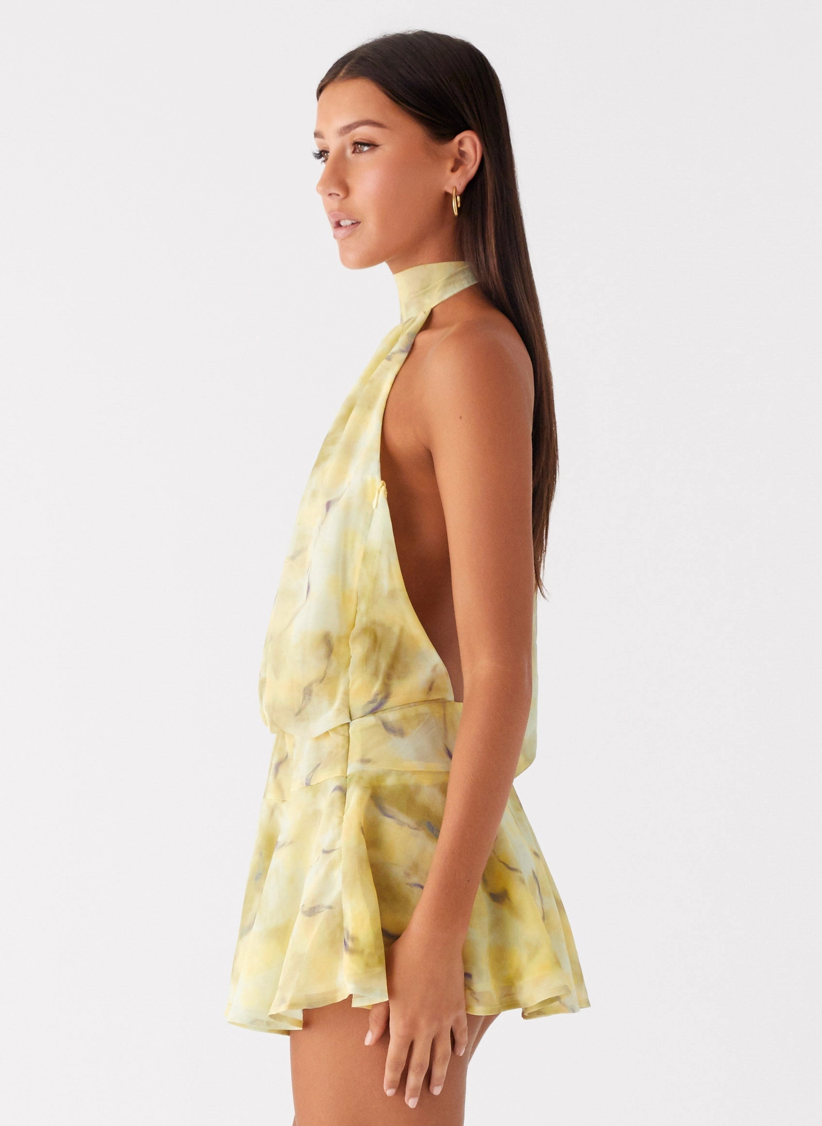 Beach Walk First Date Halter Mini Dress - Yellow Tie Dye