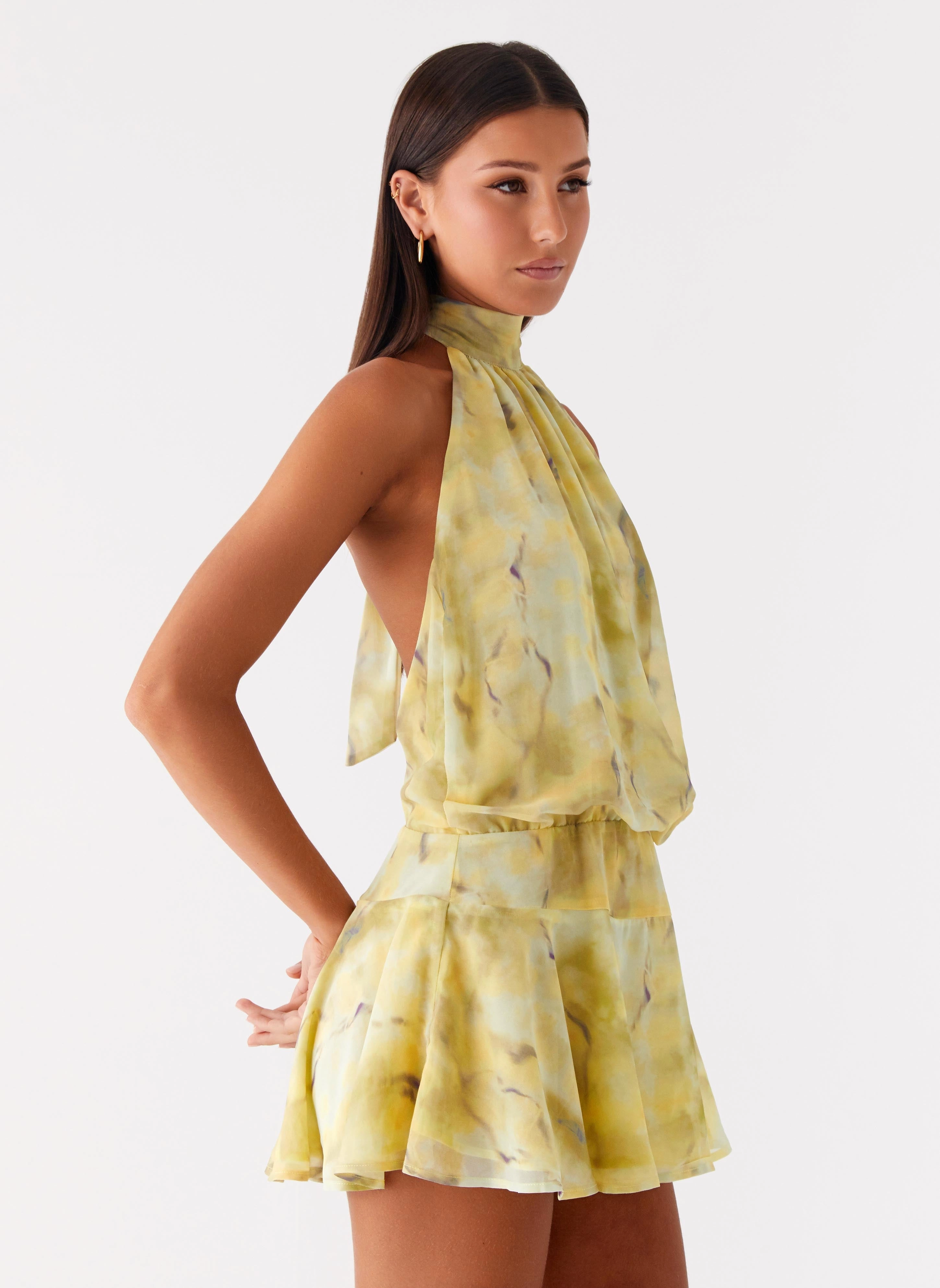 Side Pleats First Date Halter Mini Dress - Yellow Tie Dye