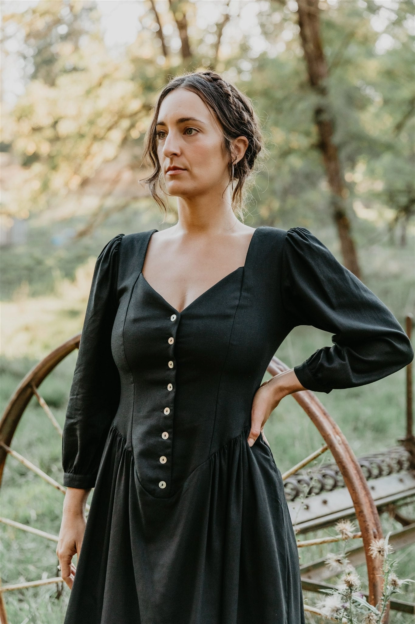 Prairie Dress in Black Linen Subtle Comfort Button-front
