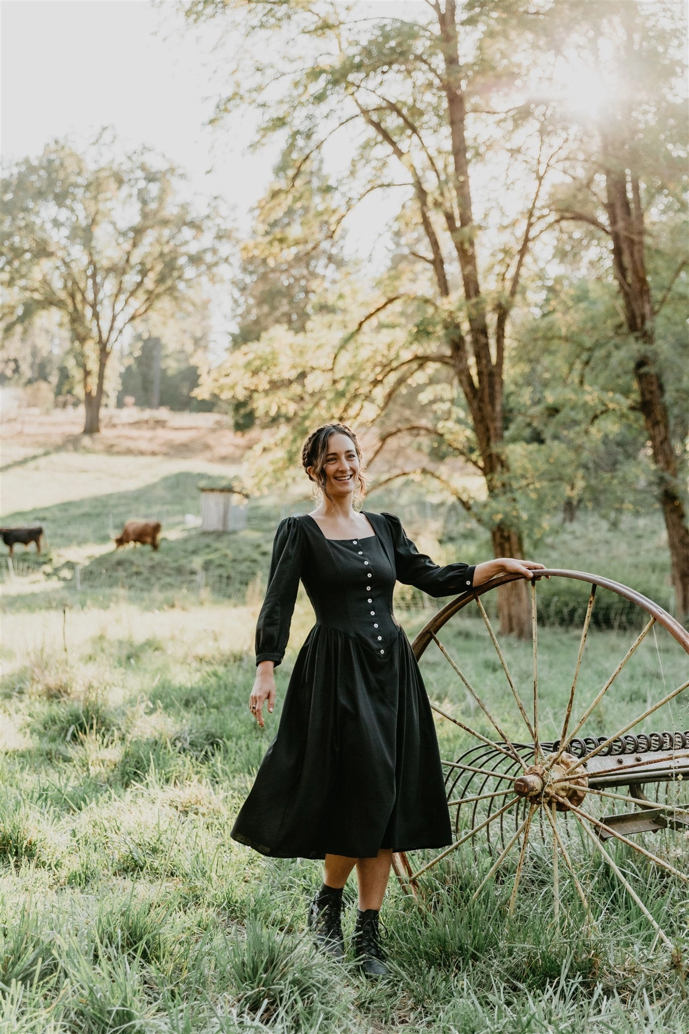 Prairie Dress in Black Linen Cool Texture Natural Light