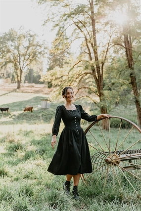 Prairie Dress in Black Linen Cool Texture Natural Light