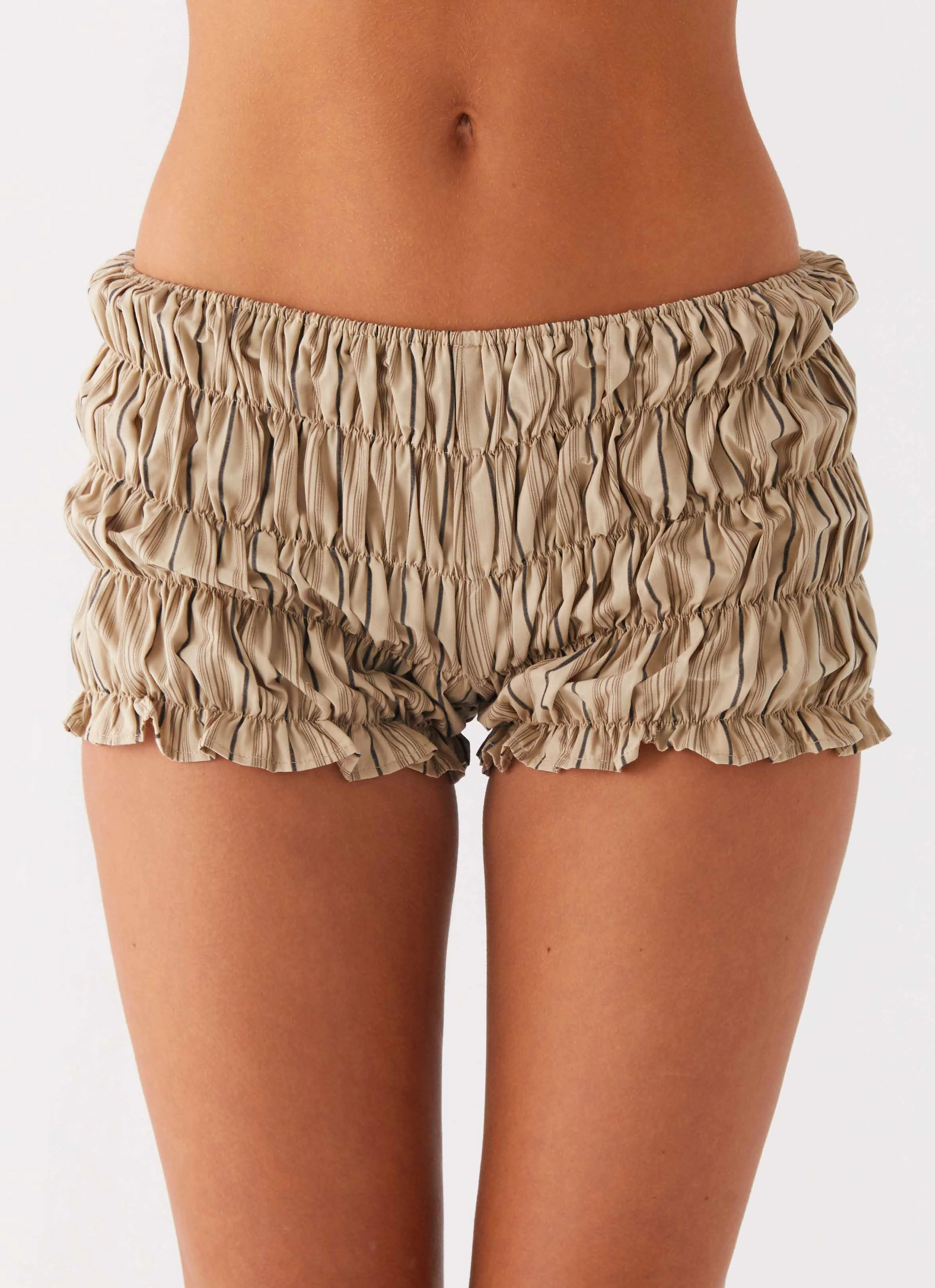 Practical Wear Girls Like Us Ruched Mini Shorts - Oatmeal Stripe