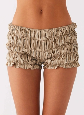 Practical Wear Girls Like Us Ruched Mini Shorts - Oatmeal Stripe