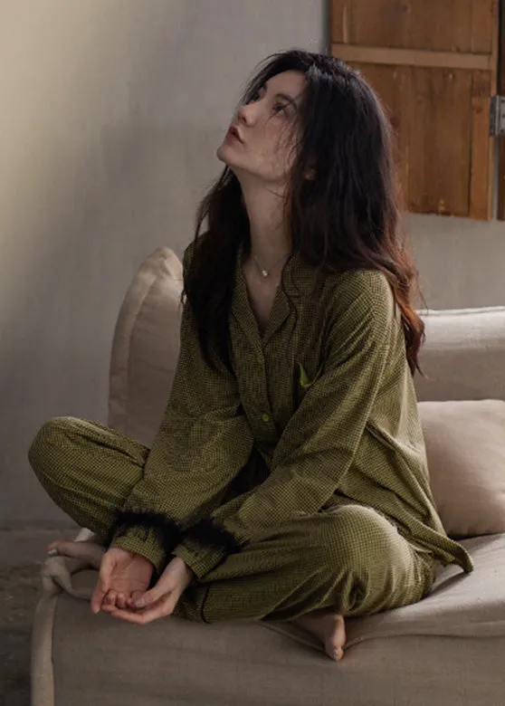 Fitted Green Notched Plaid Button Cotton Pajamas Two Pieces Set Spring TO1027