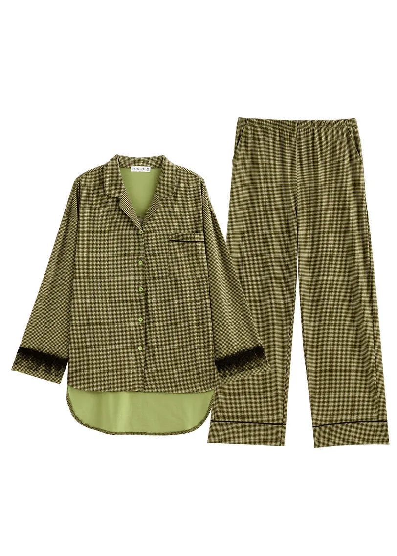 Fitted Green Notched Plaid Button Cotton Pajamas Two Pieces Set Spring TO1027