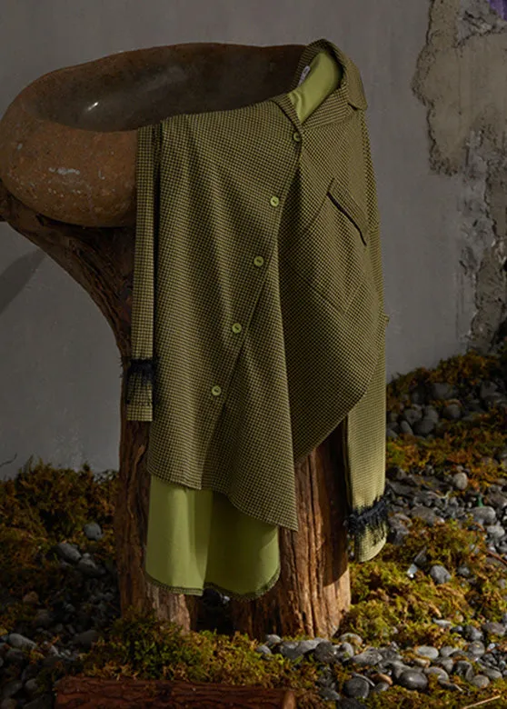 Fitted Green Notched Plaid Button Cotton Pajamas Two Pieces Set Spring TO1027