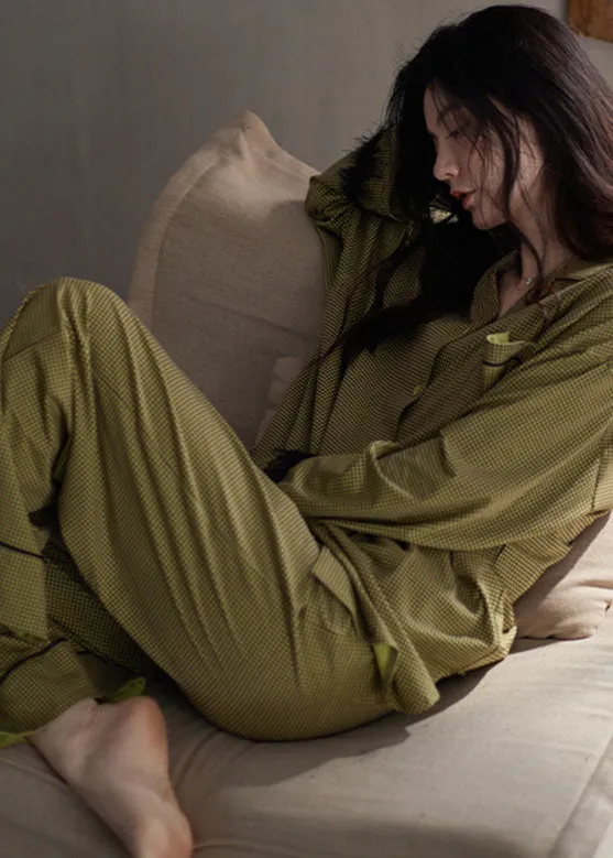 Fitted Green Notched Plaid Button Cotton Pajamas Two Pieces Set Spring TO1027