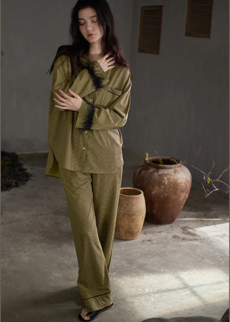 Fitted Green Notched Plaid Button Cotton Pajamas Two Pieces Set Spring TO1027