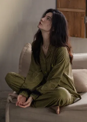 Fitted Green Notched Plaid Button Cotton Pajamas Two Pieces Set Spring TO1027