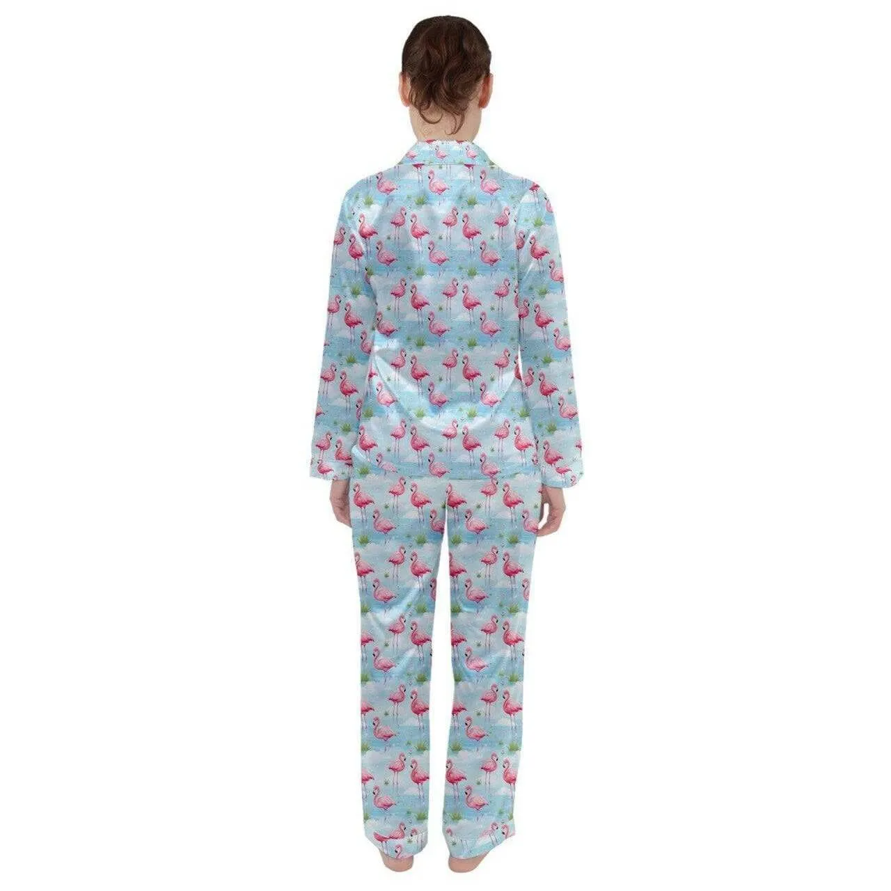 Flamingo Dreams Blue Women's Long Sleeve Satin Pyjamas Set