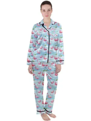 Flamingo Dreams Blue Women's Long Sleeve Satin Pyjamas Set