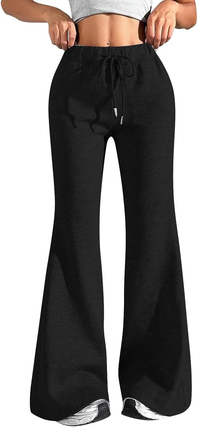Flare Wide Leg Sweatpants Women Fleece Drawstring Low Rise Jogger Pants Cute Bell Bottom Sweat Pants with Pockets