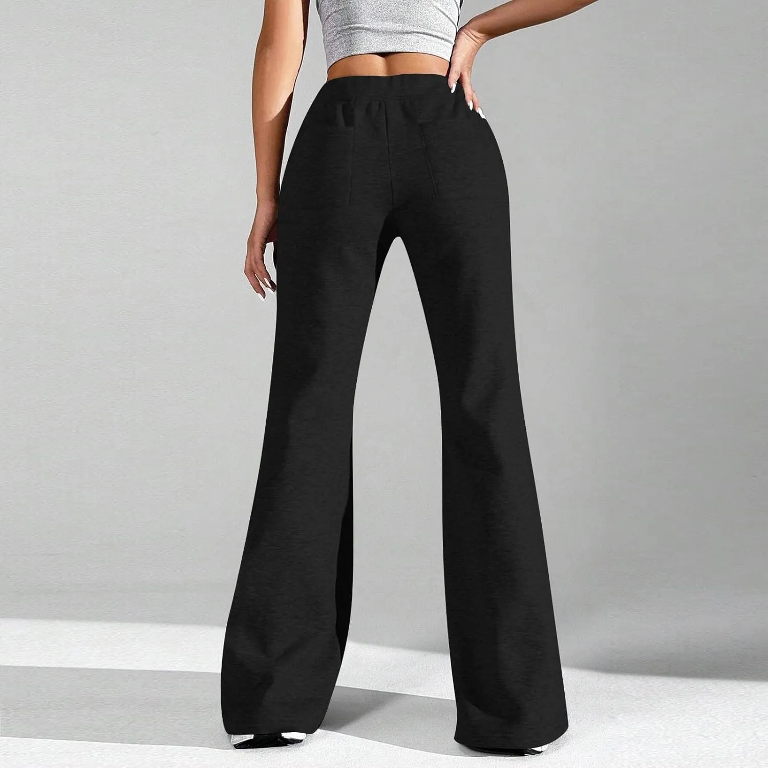 Flare Wide Leg Sweatpants Women Fleece Drawstring Low Rise Jogger Pants Cute Bell Bottom Sweat Pants with Pockets