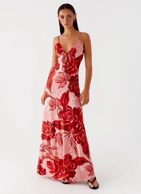 Smooth Tone Flora Satin Maxi Dress - Sicily Sunsets Print