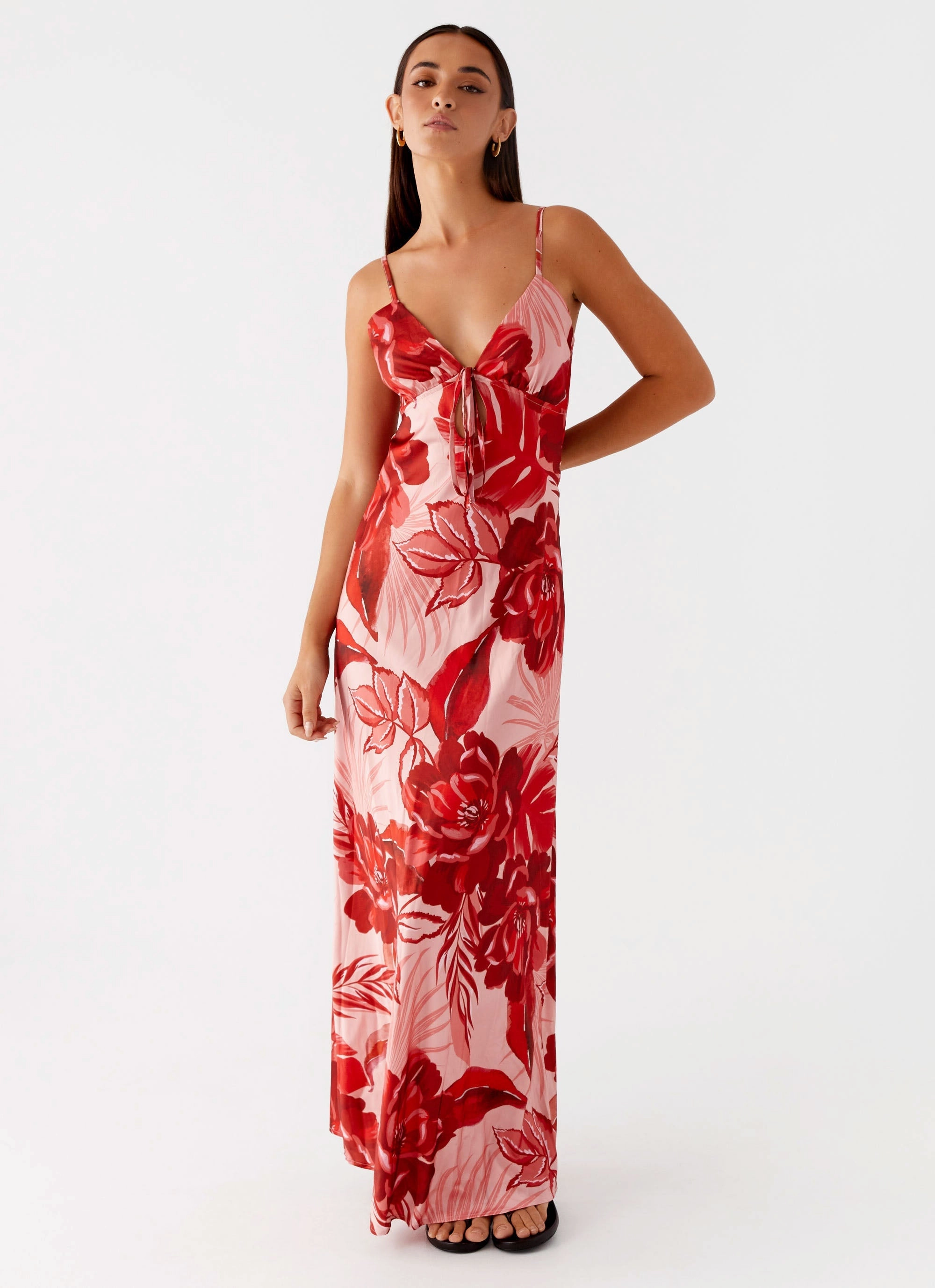 Flora Satin Maxi Dress - Sicily Sunsets Print Gentle Aesthetic Timeless fitted silhouette