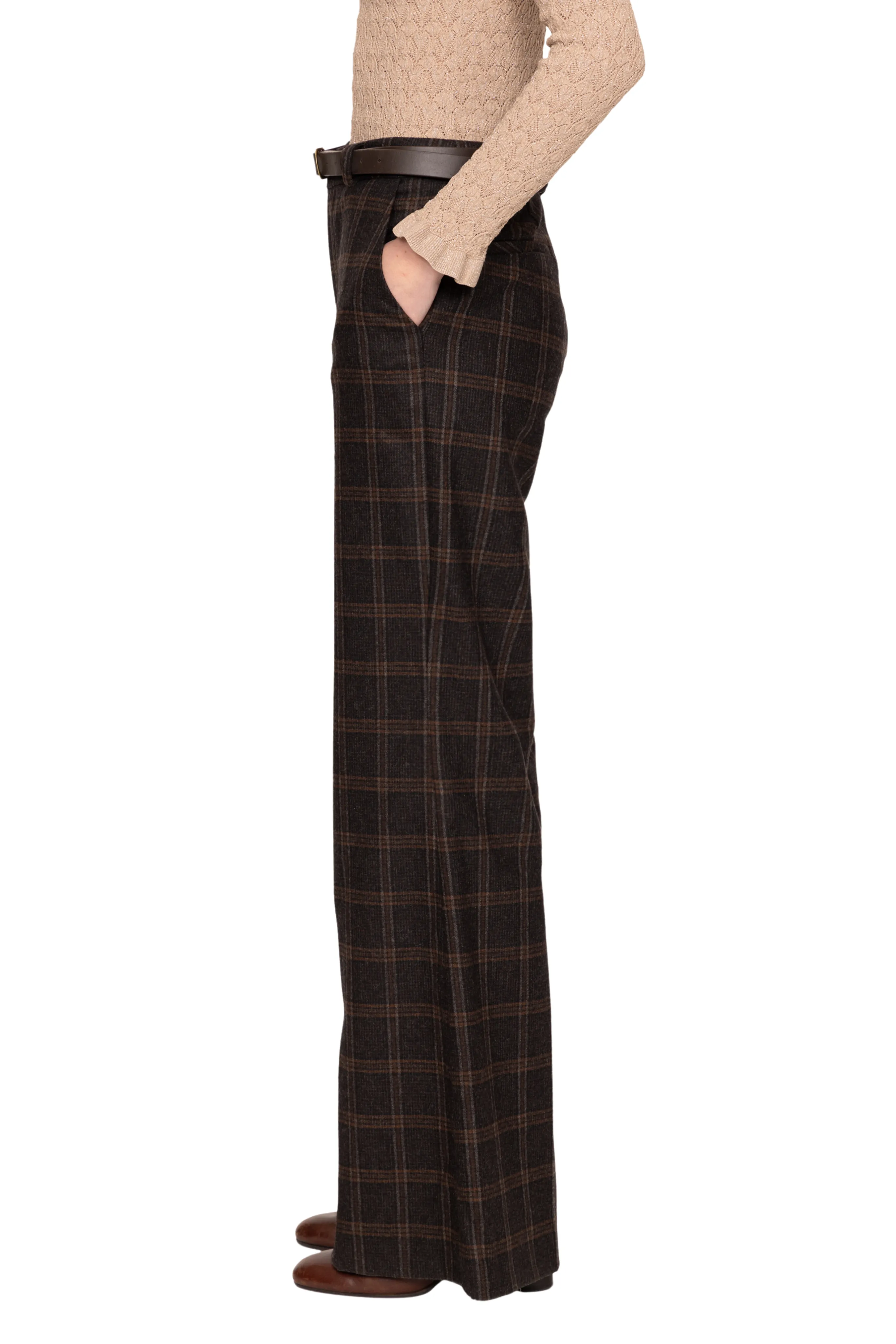 Monroe Wool Plaid Belted High Waisted Pant Simple Comfort Wear